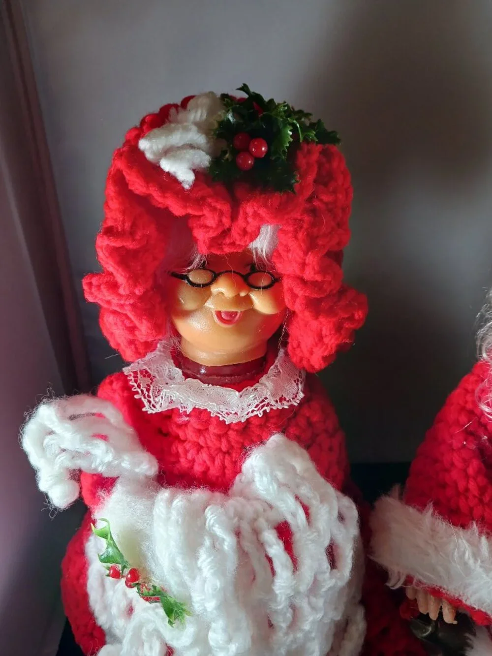 Vintage Crochet Santa Mr. & Mrs. Claus Hard Plastic 12in Tall